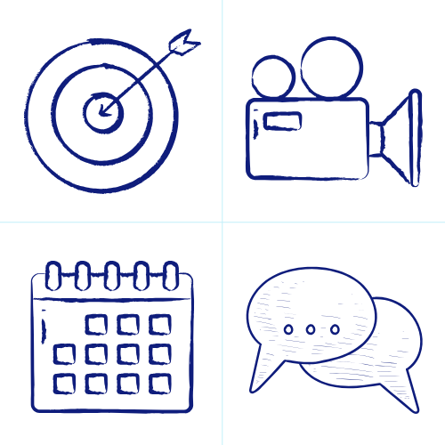 icons for social media services: goals, video camera, calendar, comment bubble.